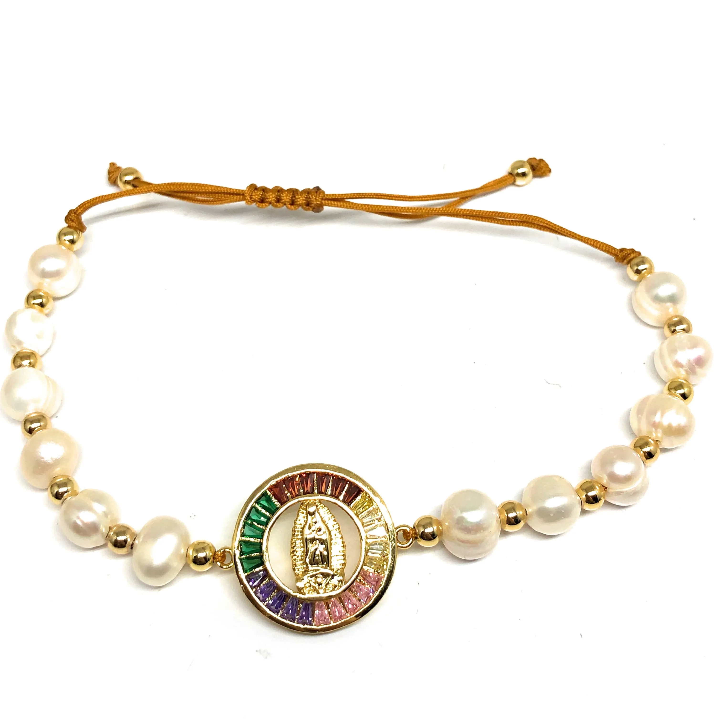 Gold Plated Colorful CZ Virgin Mary Pearl Bracelet Virgen De Guadalupe Pulsera 8 Adjustable