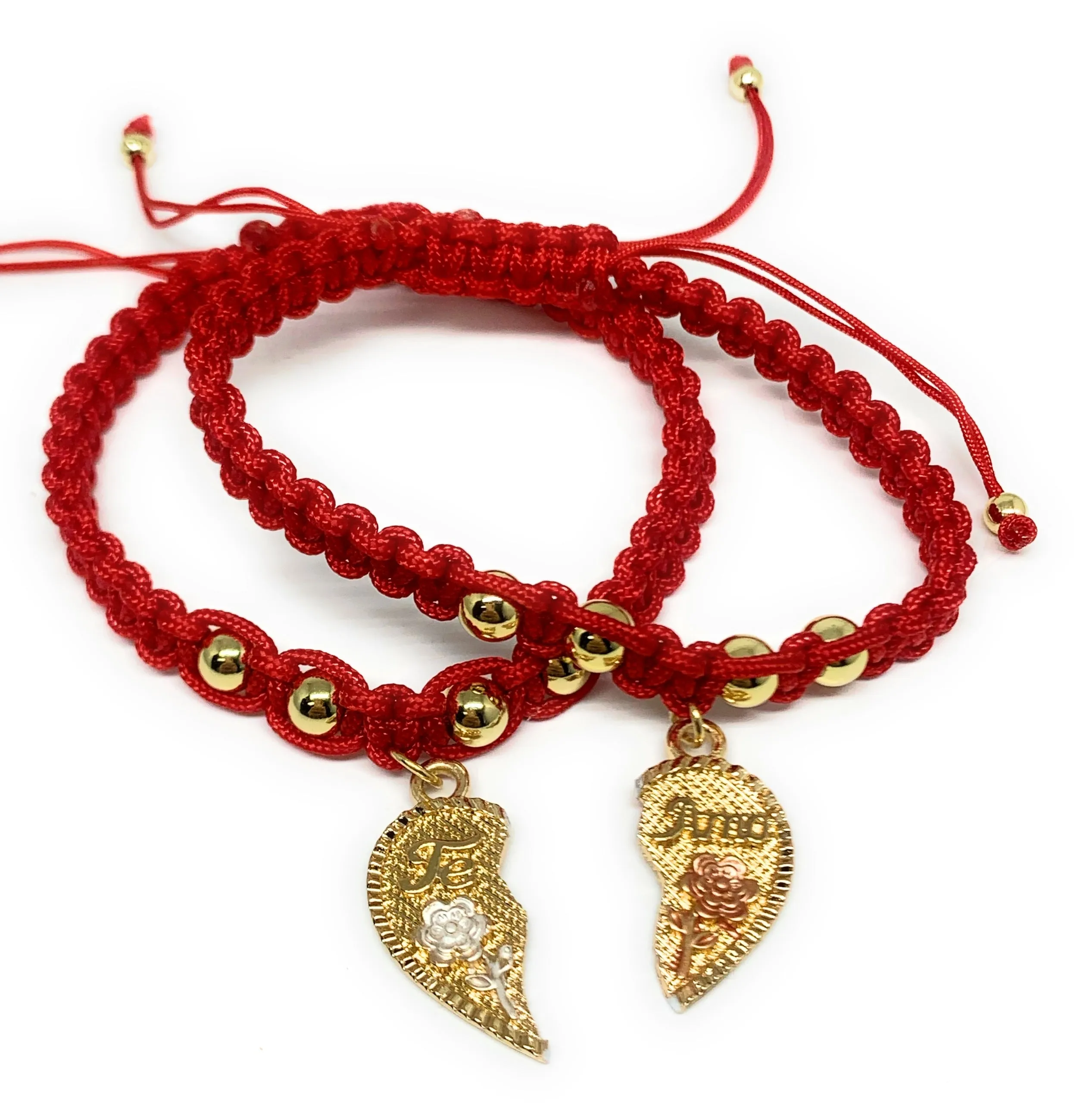 Gold Plated Tri-Color Te Amo Heart Flower Split Pendant HAND BRAIDED ADJUSTABLE TWO BRACELET SET 7.5”