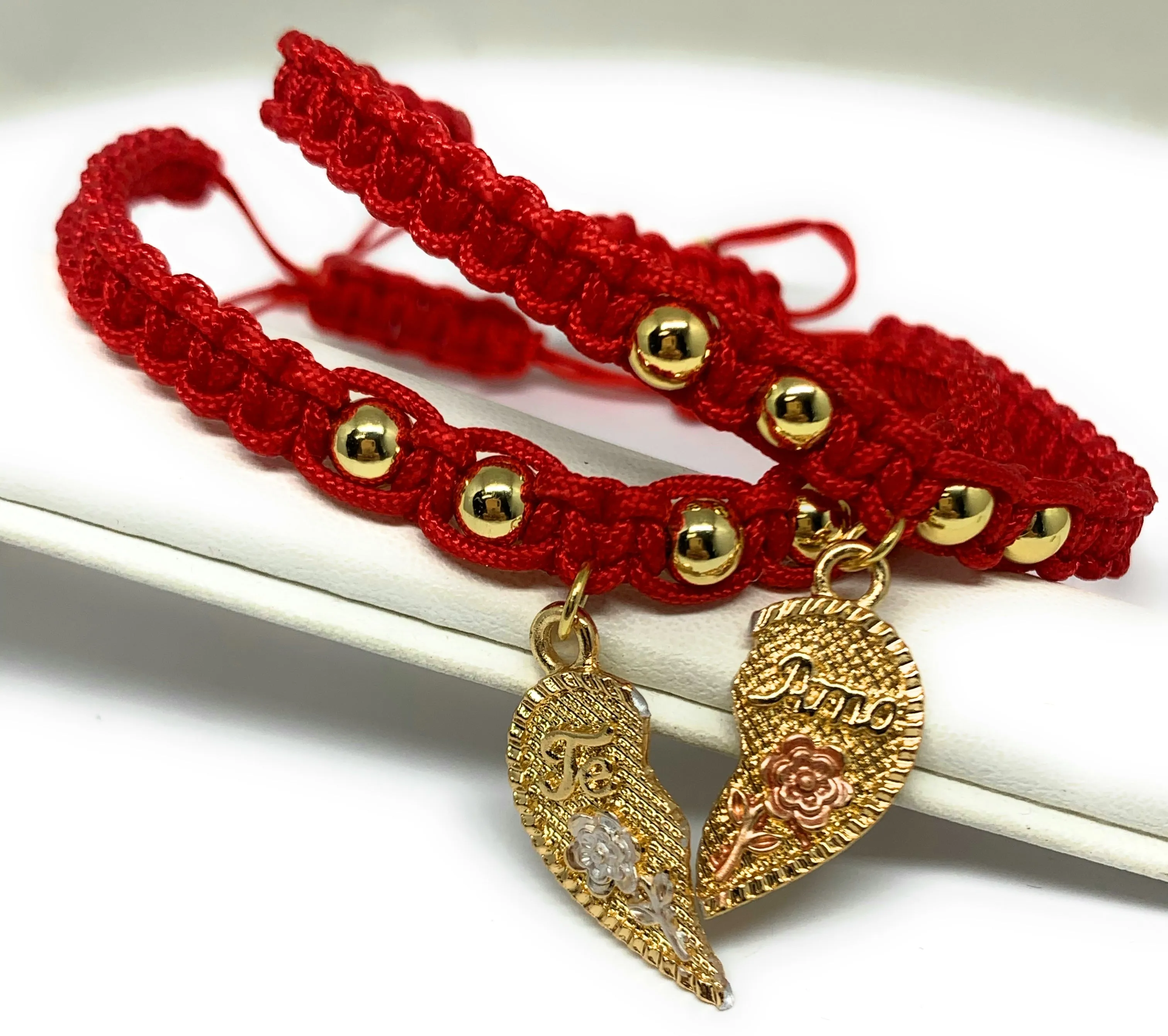 Gold Plated Tri-Color Te Amo Heart Flower Split Pendant HAND BRAIDED ADJUSTABLE TWO BRACELET SET 7.5”