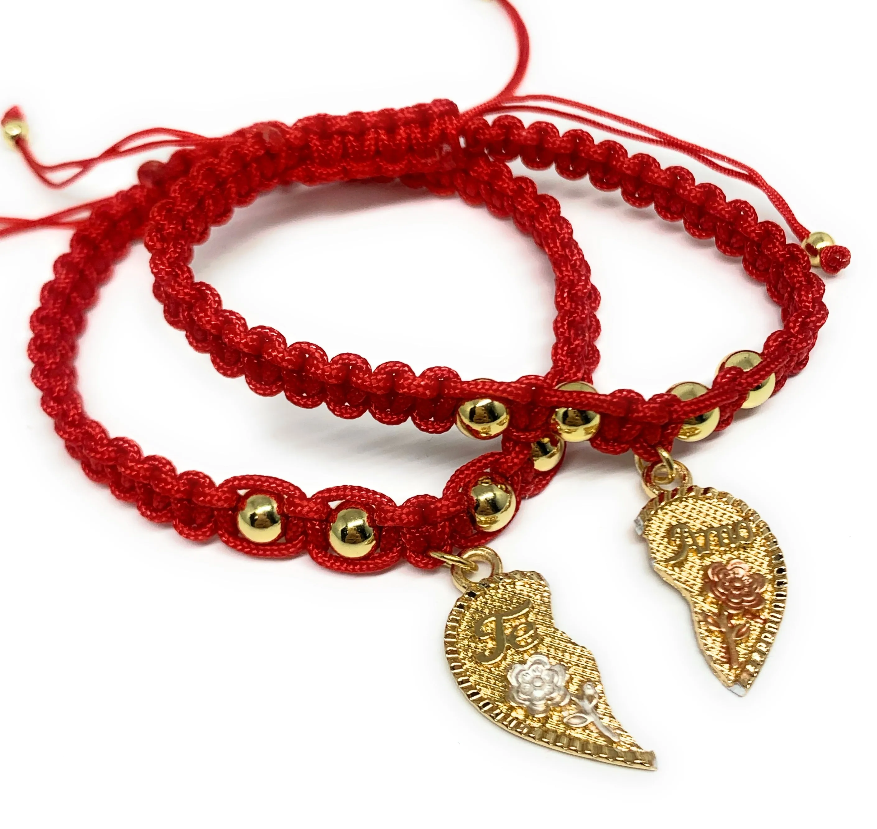 Gold Plated Tri-Color Te Amo Heart Flower Split Pendant HAND BRAIDED ADJUSTABLE TWO BRACELET SET 7.5”