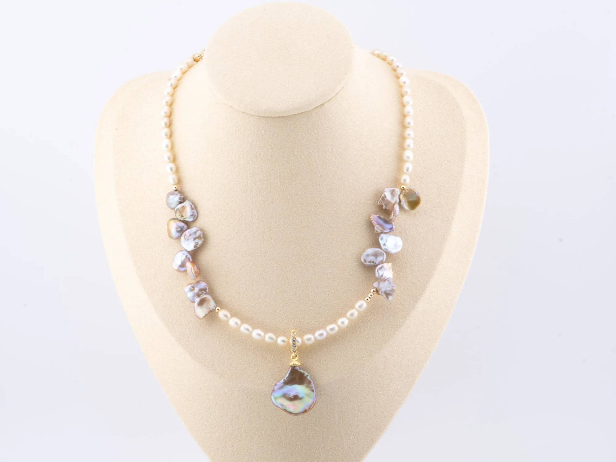 Golden Purple Mixed Pearl Necklace Choker with Removable Charm and Gold Plated Clasp P1031