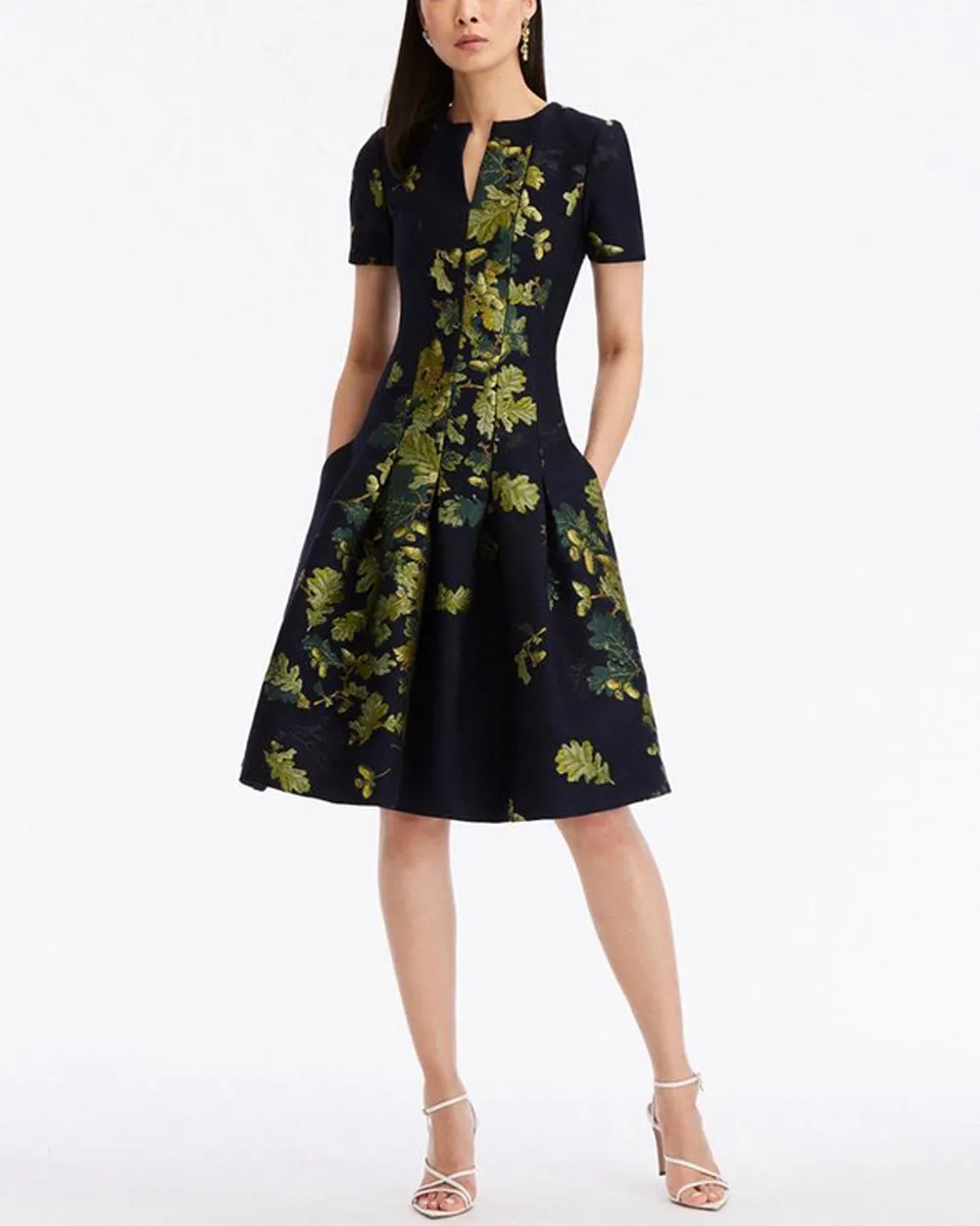 Green and Navy Acorn Jacquard Flare Dress