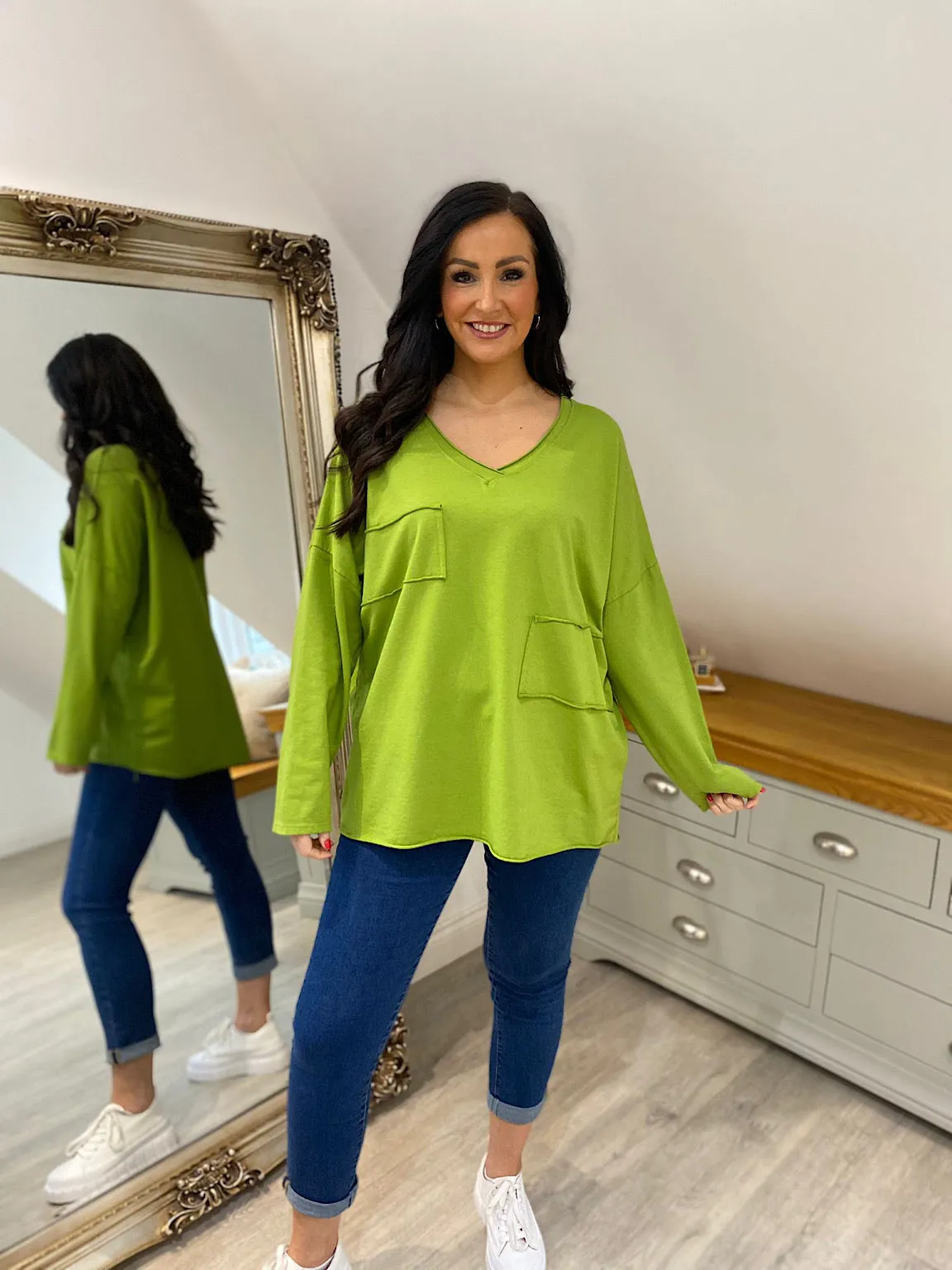 Green Long Sleeve Cross V Neck Top Tori