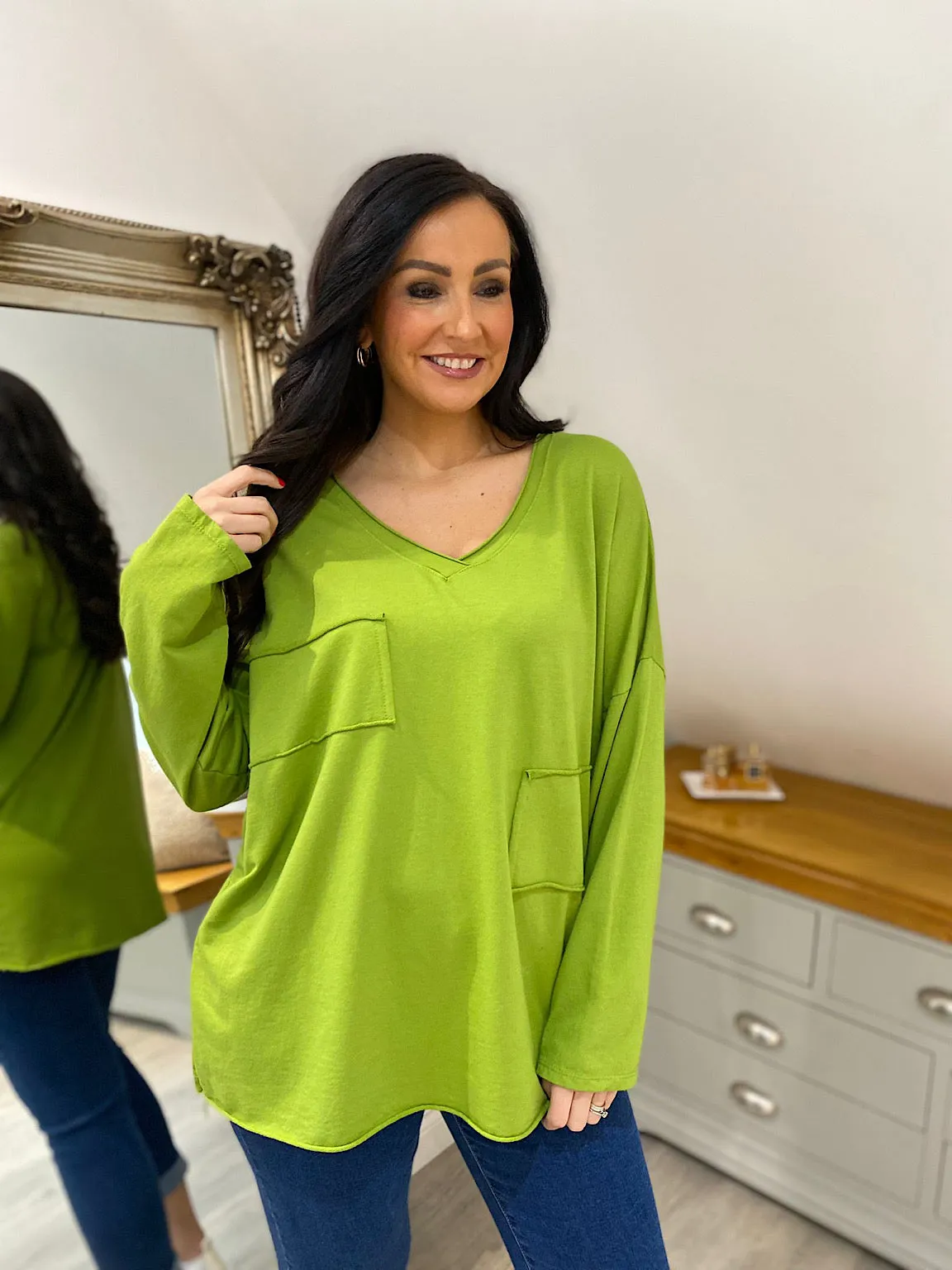 Green Long Sleeve Cross V Neck Top Tori