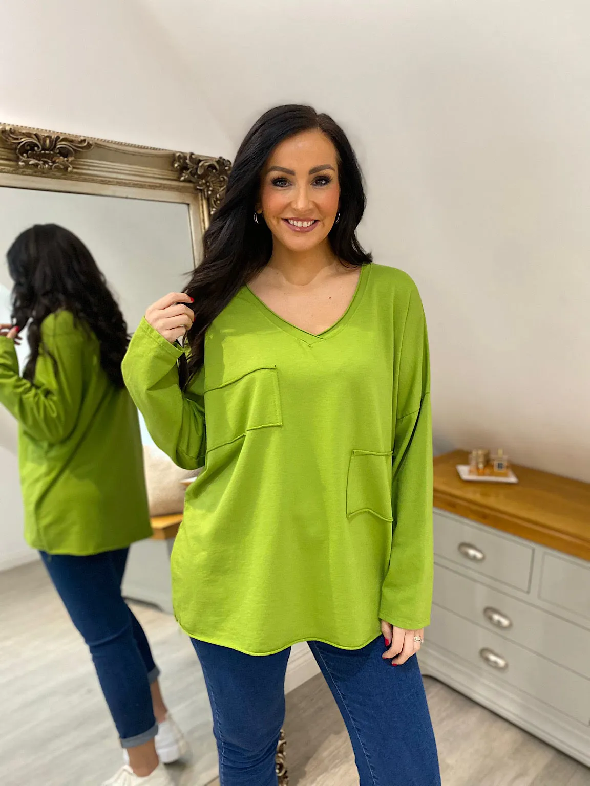 Green Long Sleeve Cross V Neck Top Tori