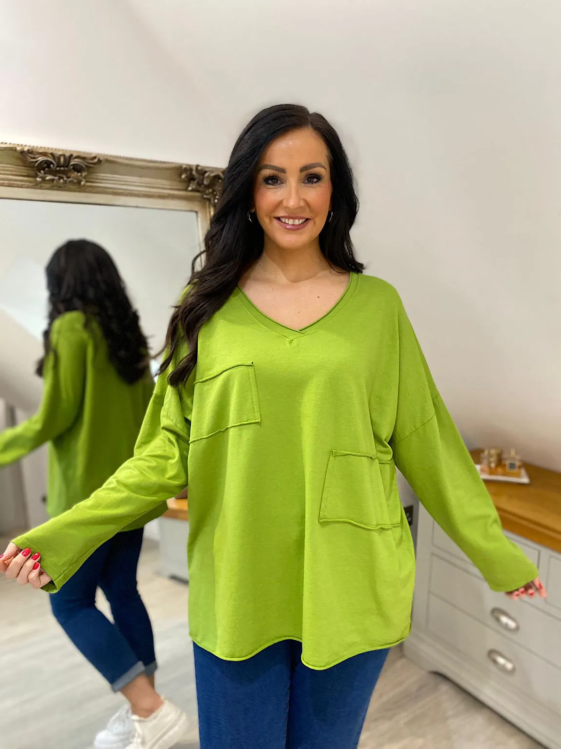 Green Long Sleeve Cross V Neck Top Tori