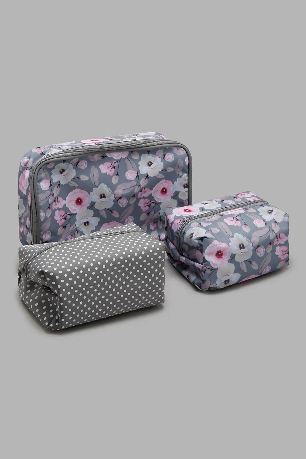 Grey Floral Print Cosmetic Pouch (3 Piece)