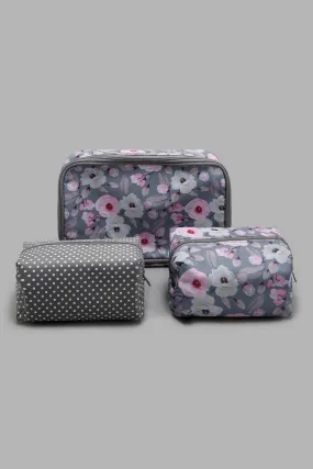 Grey Floral Print Cosmetic Pouch (3 Piece)