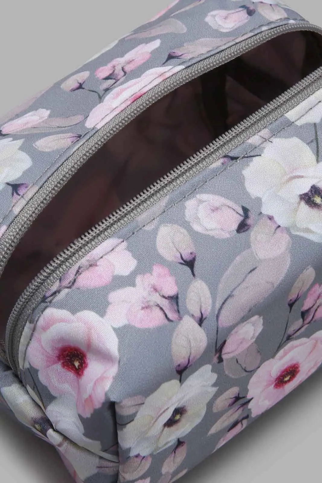 Grey Floral Print Cosmetic Pouch (3 Piece)