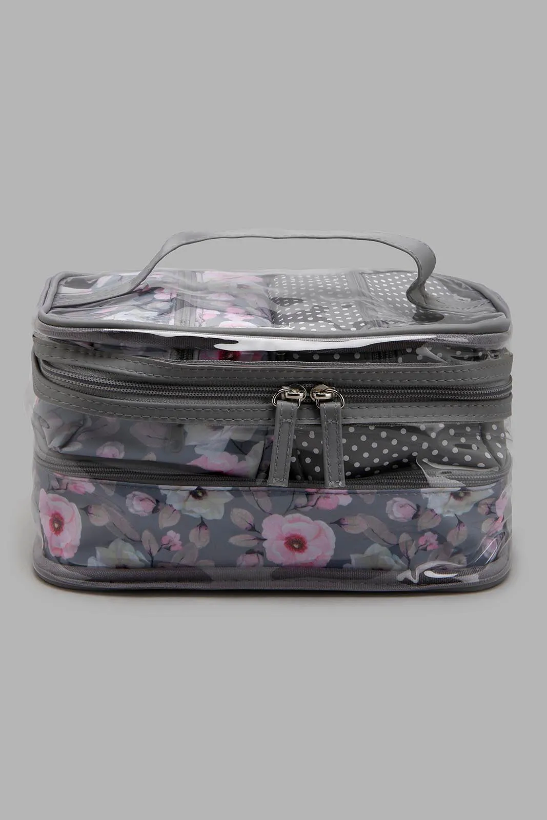 Grey Floral Print Cosmetic Pouch (3 Piece)