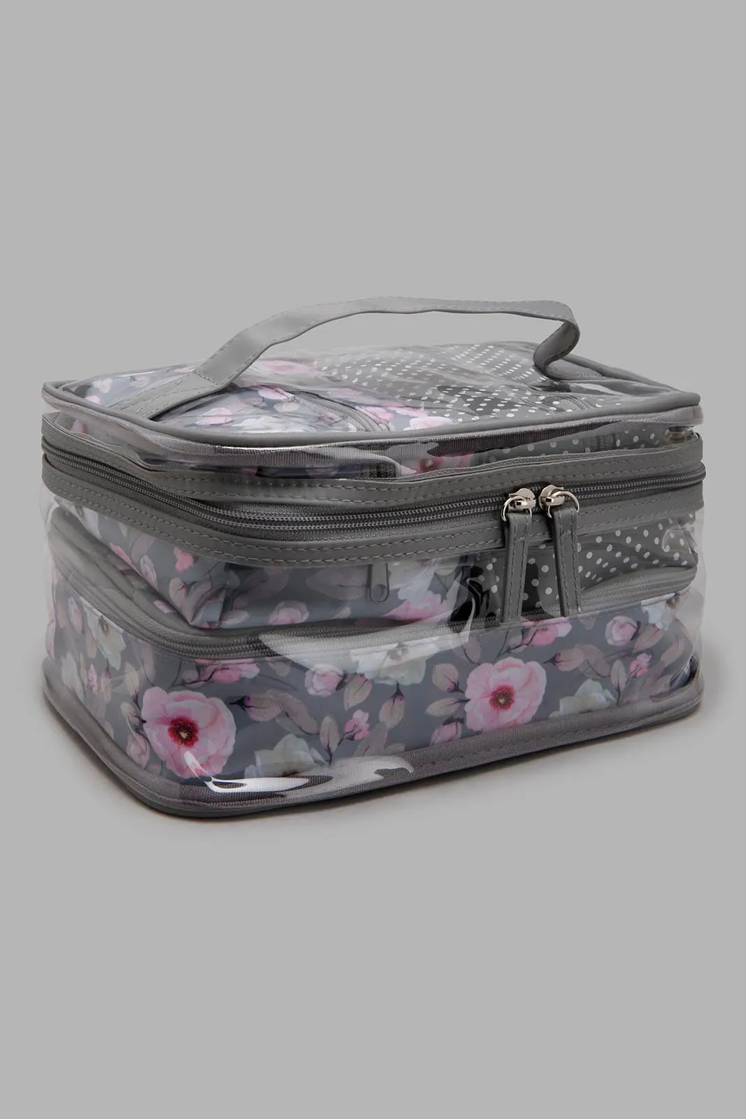 Grey Floral Print Cosmetic Pouch (3 Piece)