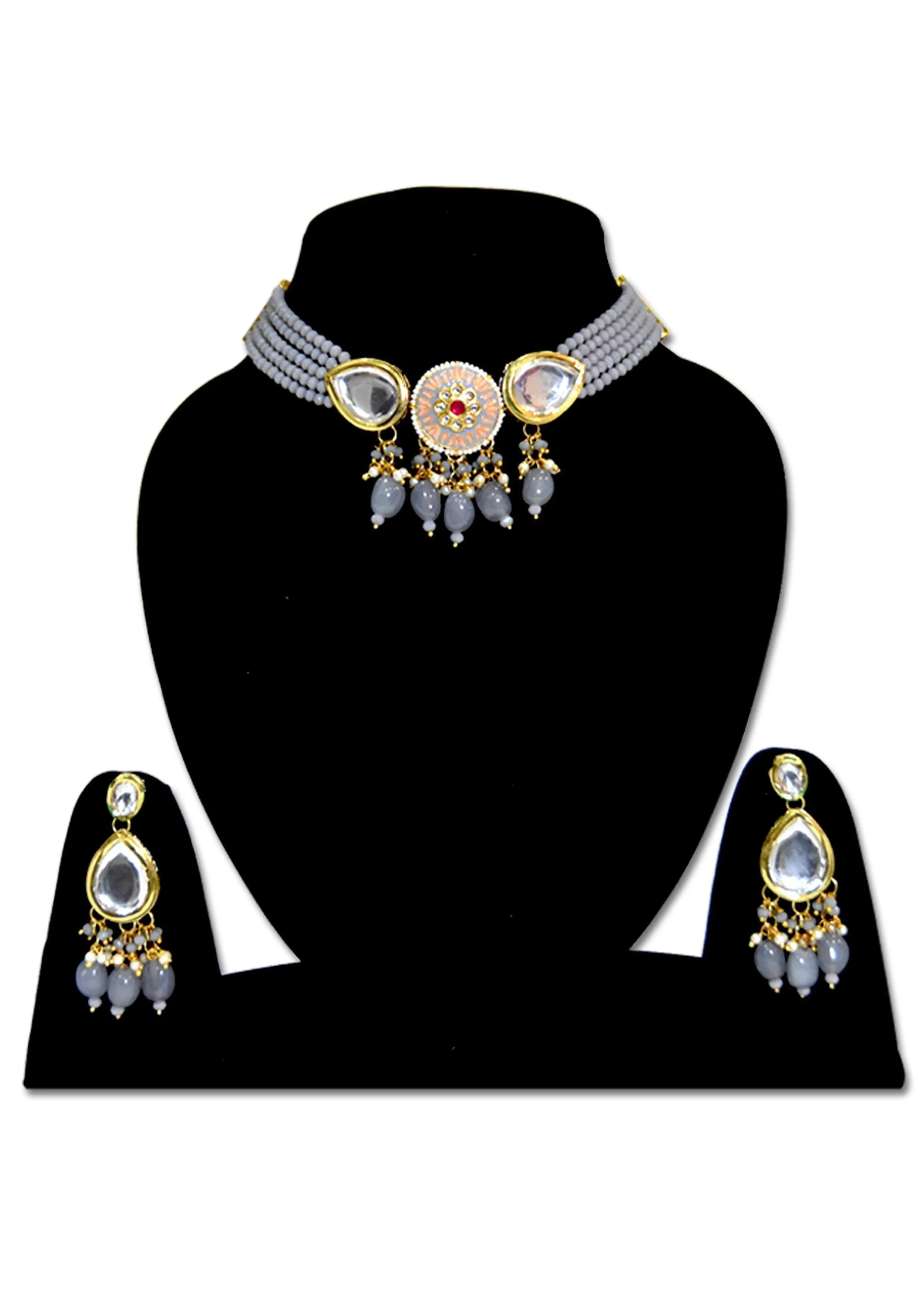 Grey Golden Meenakari Beads Necklace set