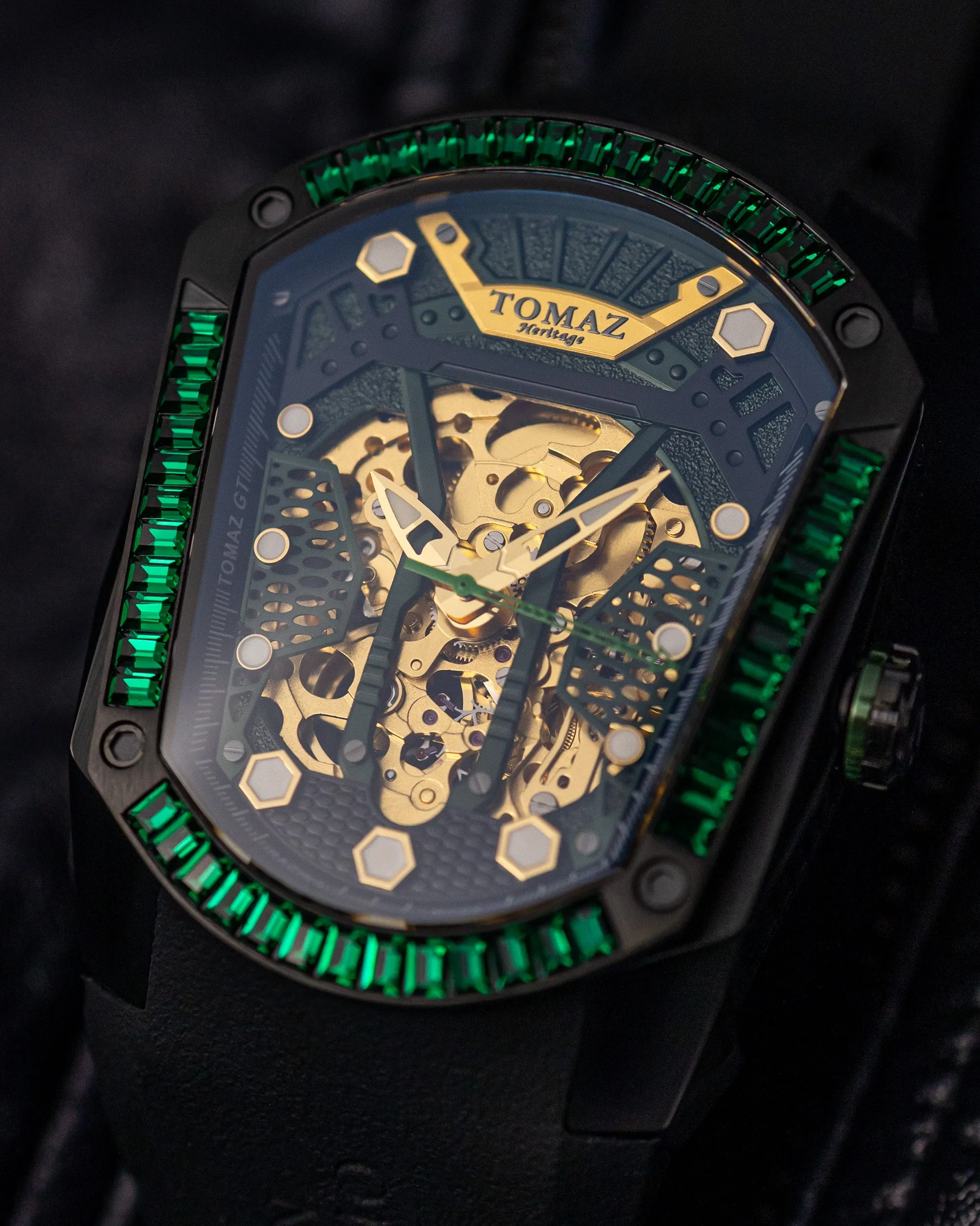 GT Skeleton TW028-D26 (Black) with Green Swarovski (Black Rubber Strap)