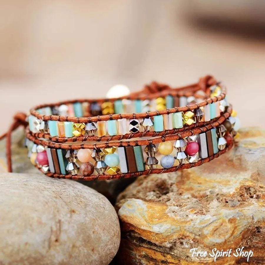 Handmade Boho Crystals Leather Wrap Bracelet