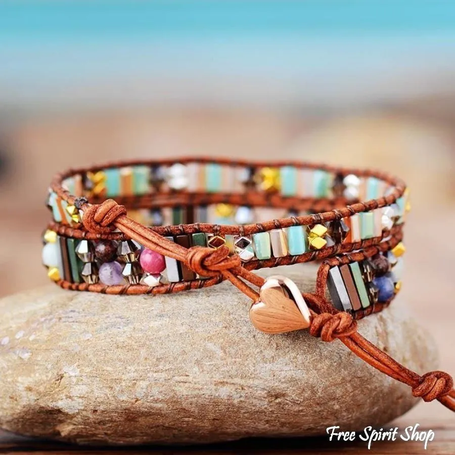 Handmade Boho Crystals Leather Wrap Bracelet