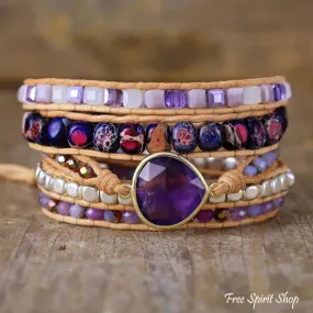 Handmade Purple Jasper & Amethyst Teardrop Wrap Bracelet