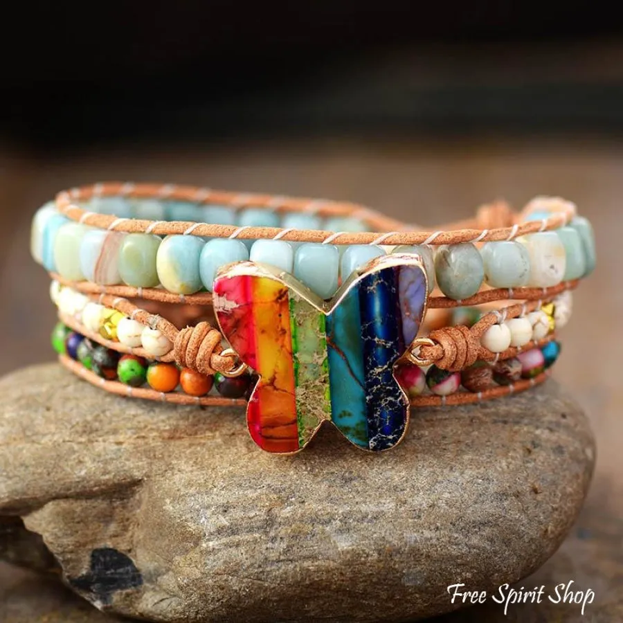 Handmade Rainbow Butterfly & Amazonite Wrap Bracelet