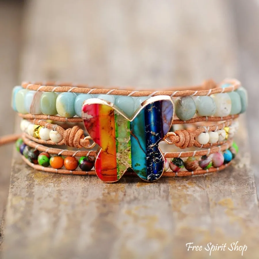 Handmade Rainbow Butterfly & Amazonite Wrap Bracelet