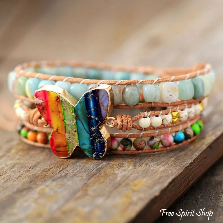 Handmade Rainbow Butterfly & Amazonite Wrap Bracelet