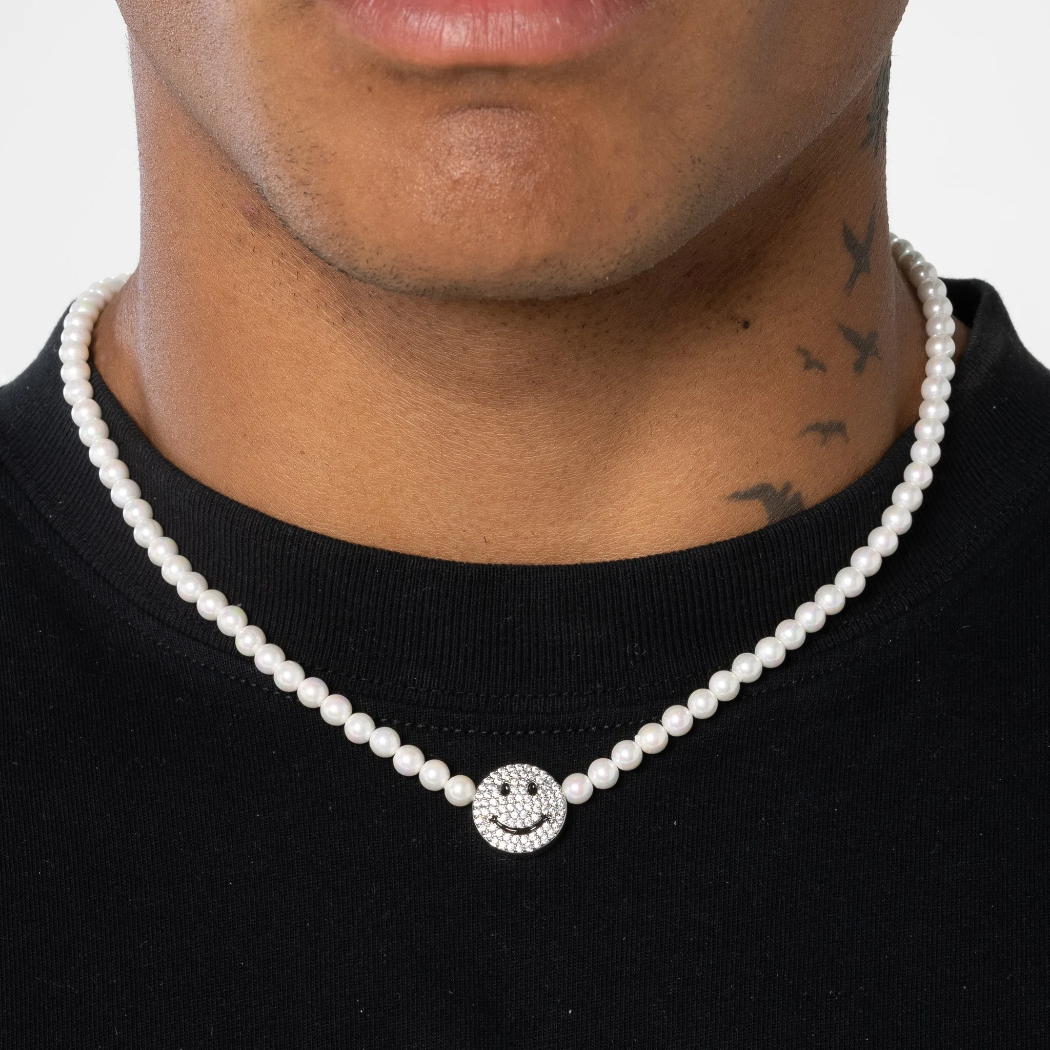 Iced Smiley Face Motif Pearl Necklace - White Gold