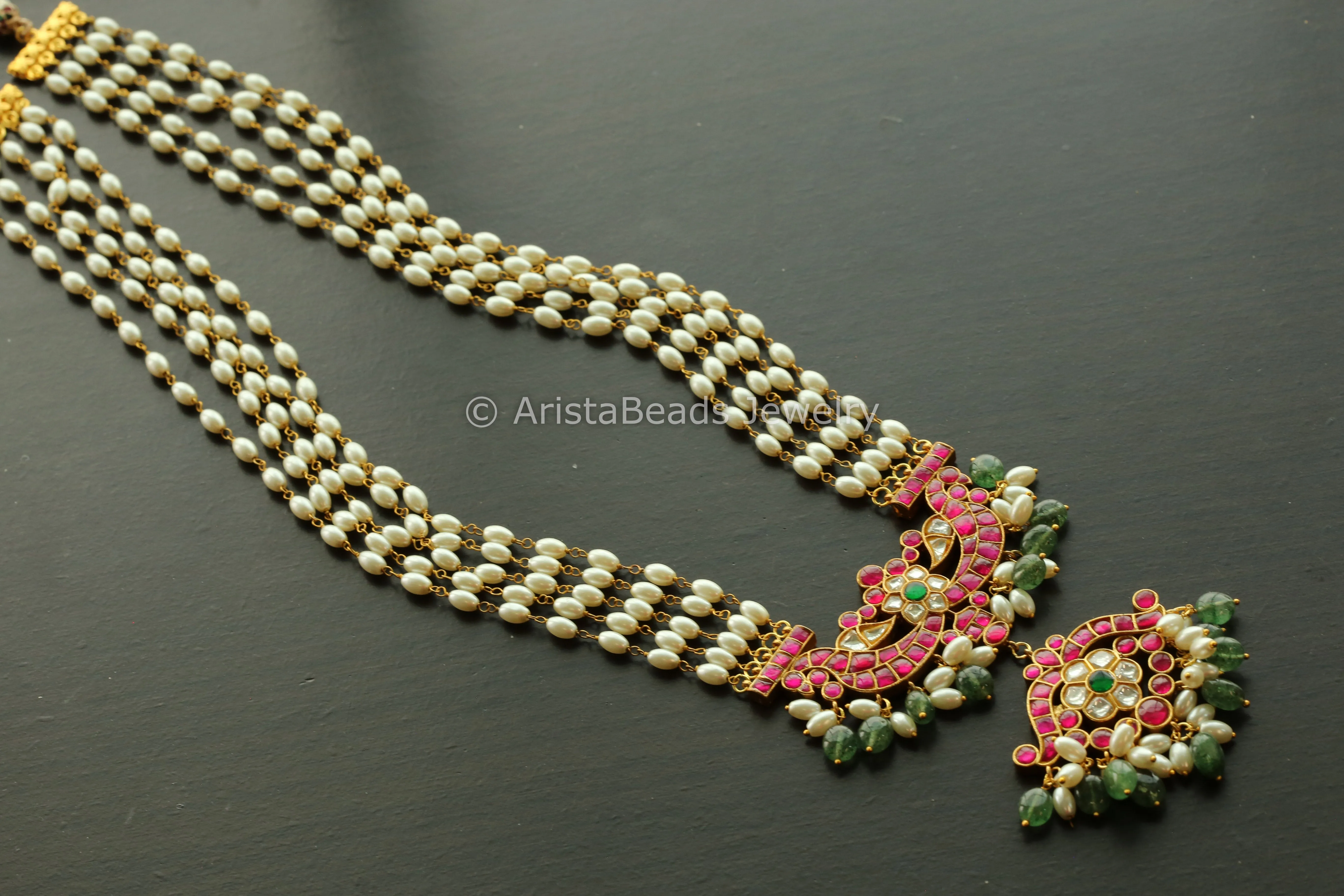 Jadau Kundan Rice Pearl Necklace - Aventurine Drops