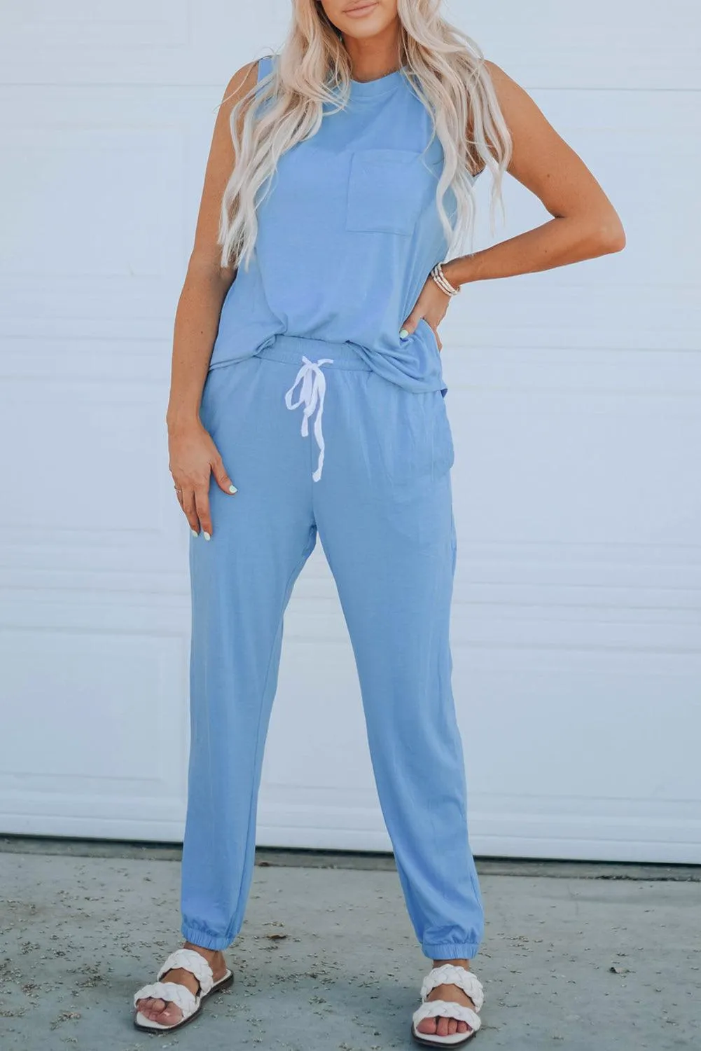 Knit Pocket Shirt and Joggers Set - Sky Blue