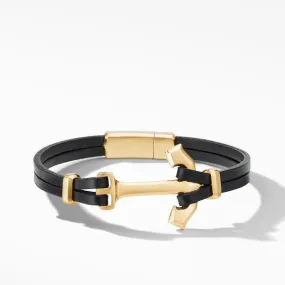 Maritime Anchor Black Leather Wrap Bracelet with 18K Yellow Gold