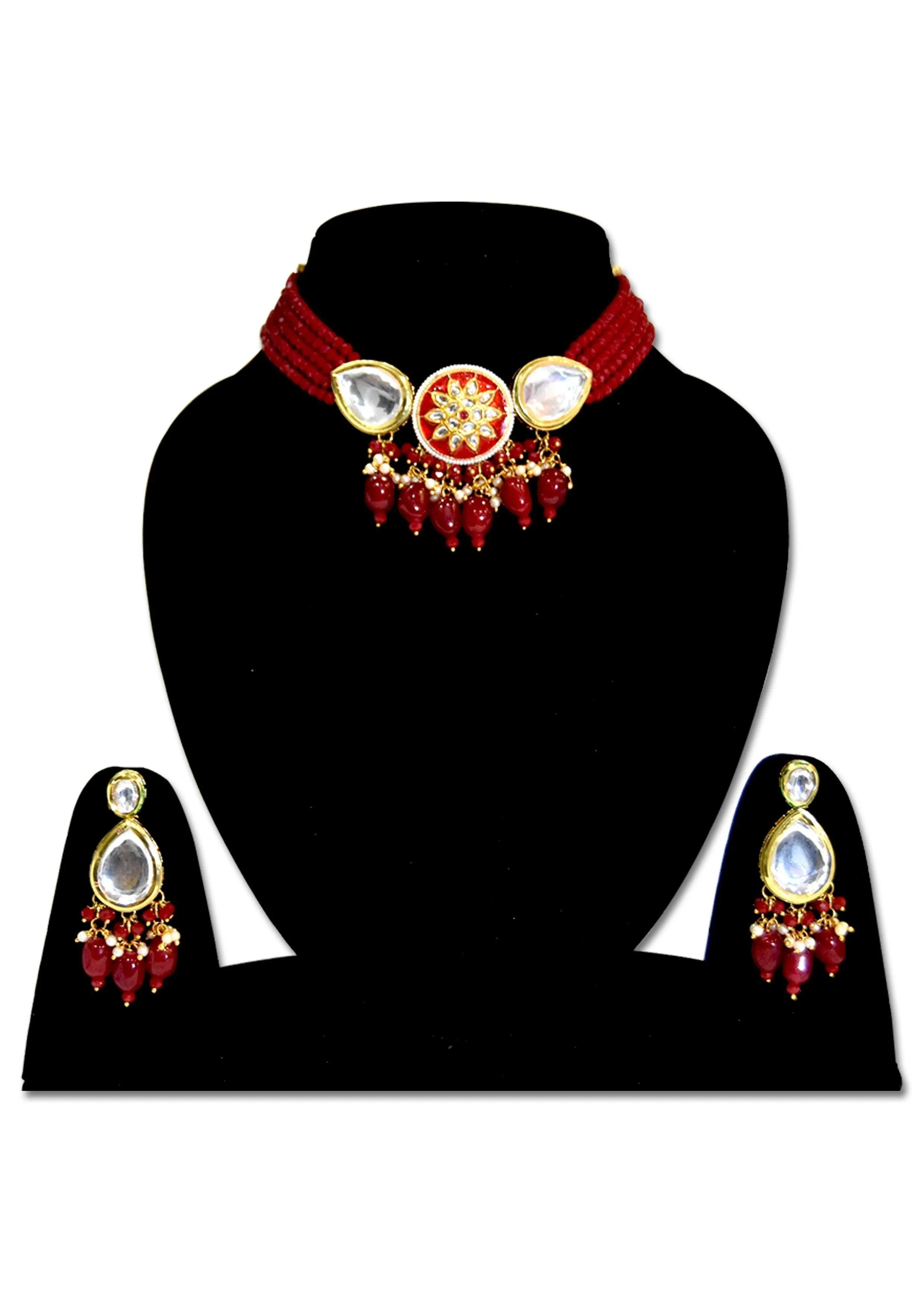 Maroon Golden Meenakari kundan Beads Necklace set