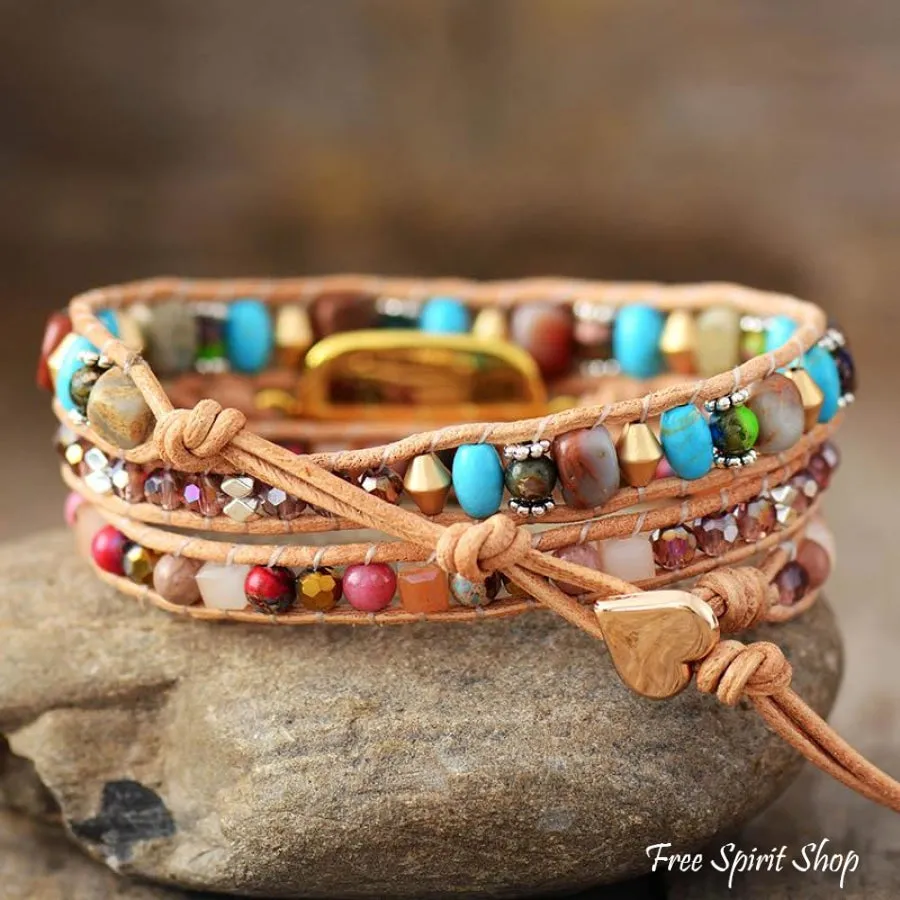 Mixed Beads & Sun Charm Wrap Bracelet