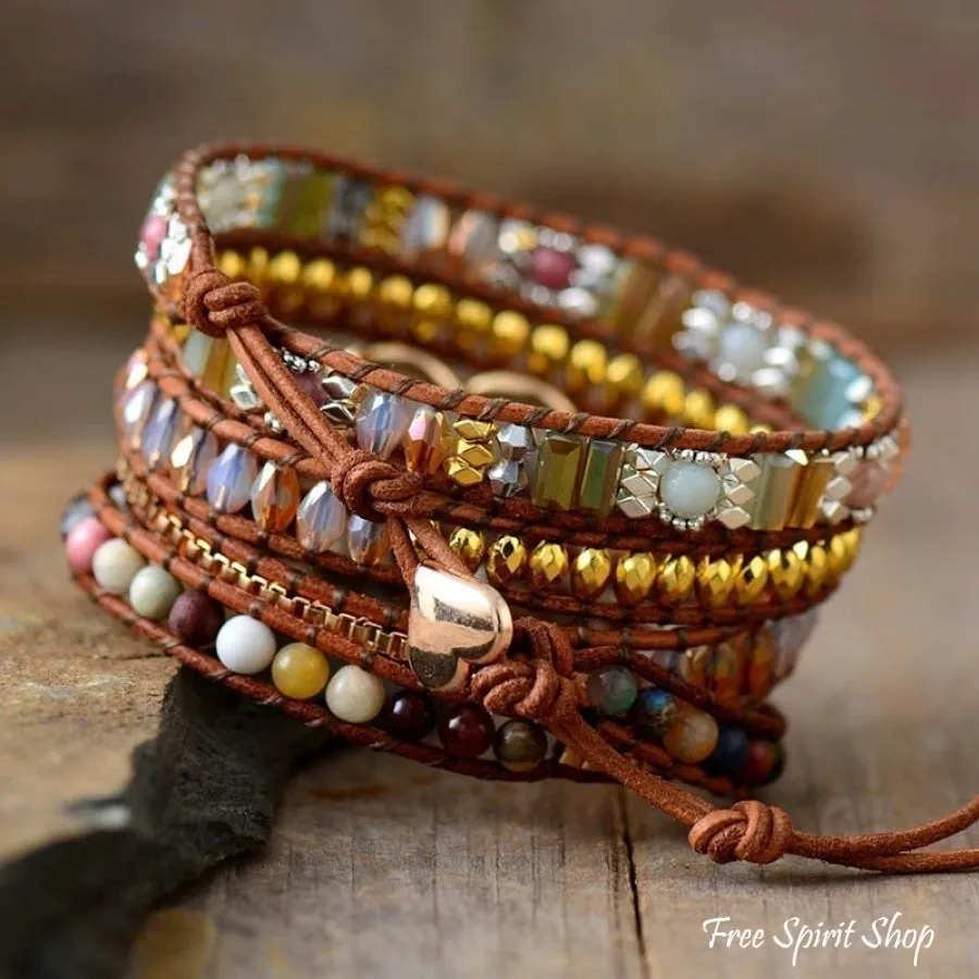 Mixed Gemstones & Heart Charm Wrap Bracelet