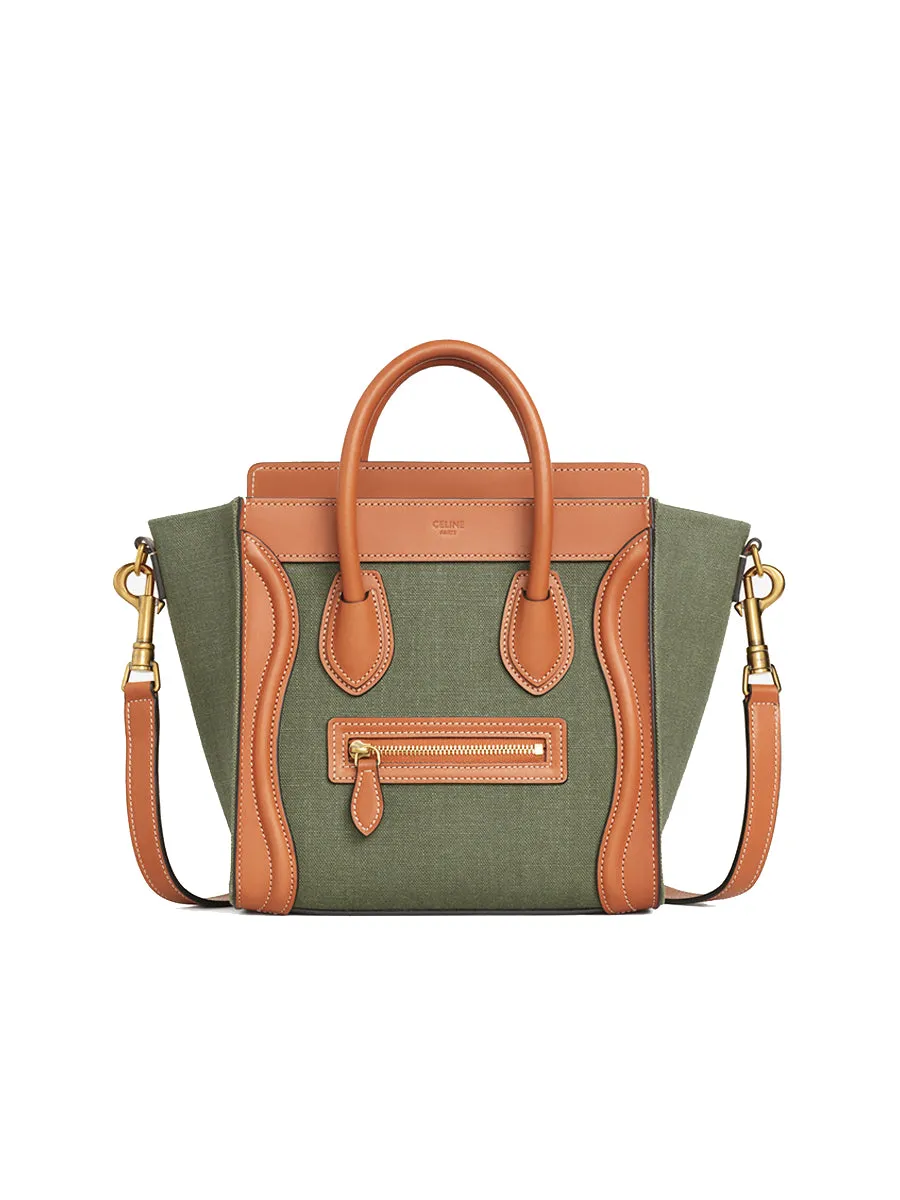 Nano Luggage Bag in Textile and Calfskin in Khaki/ Tan