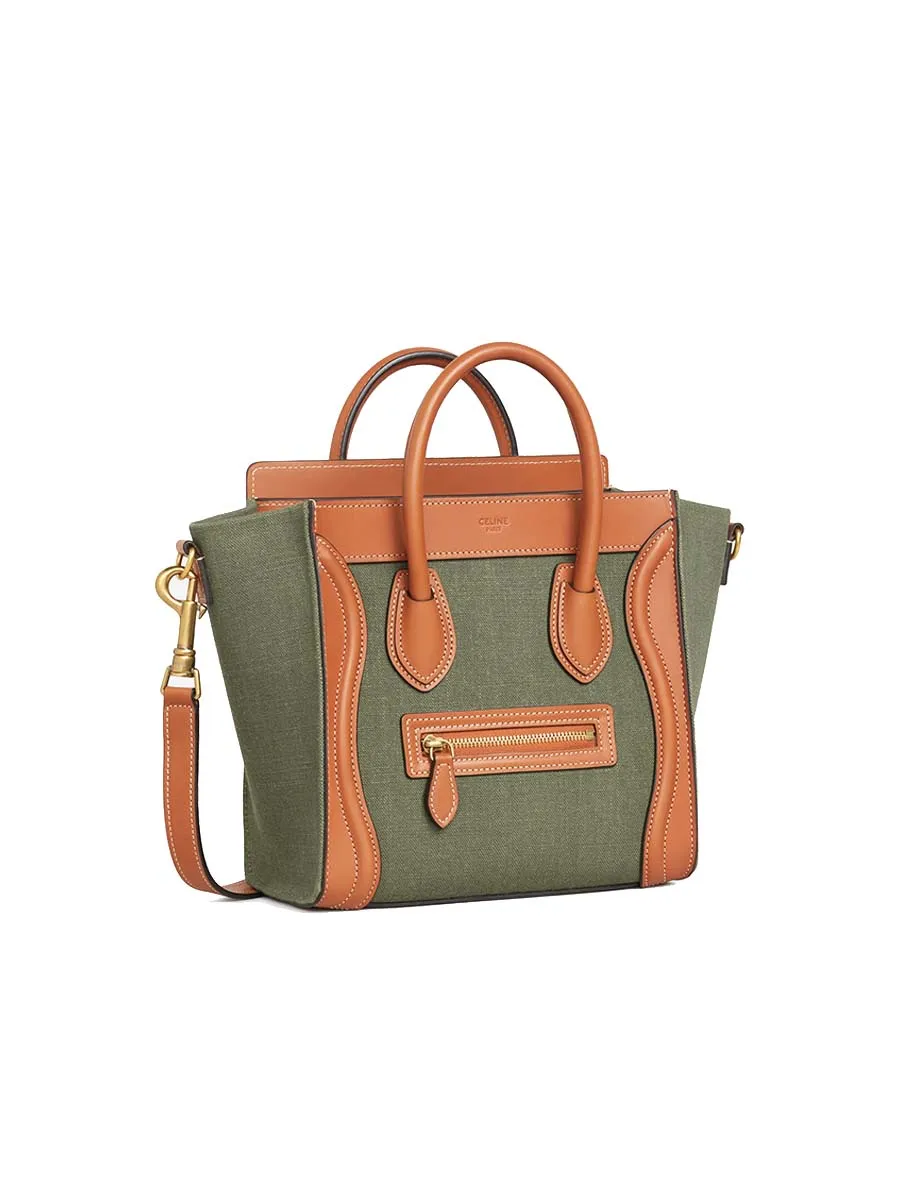 Nano Luggage Bag in Textile and Calfskin in Khaki/ Tan