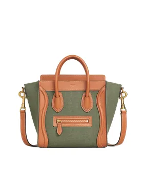 Nano Luggage Bag in Textile and Calfskin in Khaki/ Tan