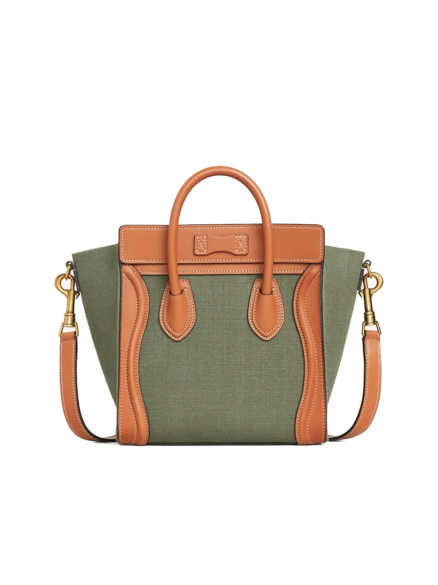 Nano Luggage Bag in Textile and Calfskin in Khaki/ Tan