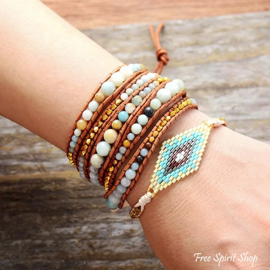 Natural Amazonite & Gold Plated Bead Wrap Bracelet