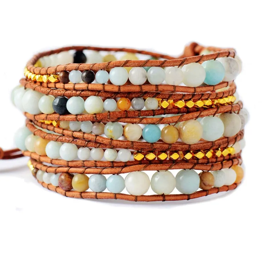 Natural Amazonite & Gold Plated Bead Wrap Bracelet