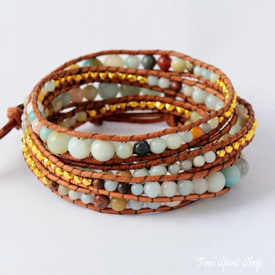 Natural Amazonite & Gold Plated Bead Wrap Bracelet