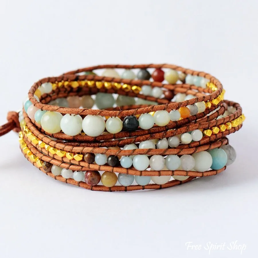 Natural Amazonite & Gold Plated Bead Wrap Bracelet