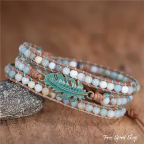 Natural Amazonite Boho Feather Wrap Bracelet