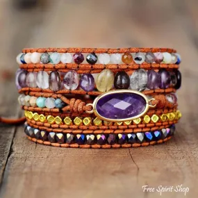 Natural Fluorite & Amethyst Crystal Wrap Bracelet