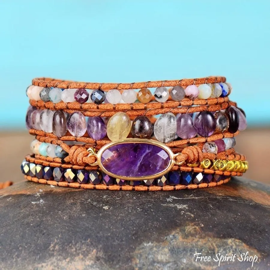 Natural Fluorite & Amethyst Crystal Wrap Bracelet