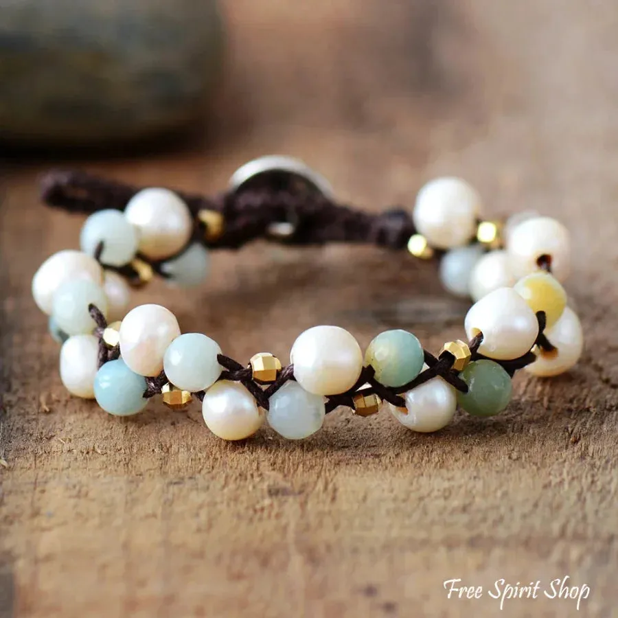 Natural Freshwater Pearl & Amazonite Wrap Bracelet