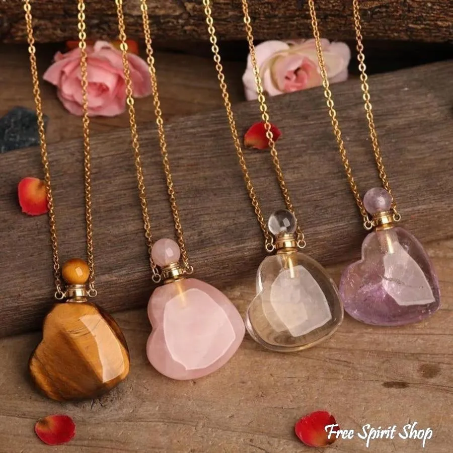 Natural Heart-Shaped Crystal Perfume Bottle Pendant Necklace