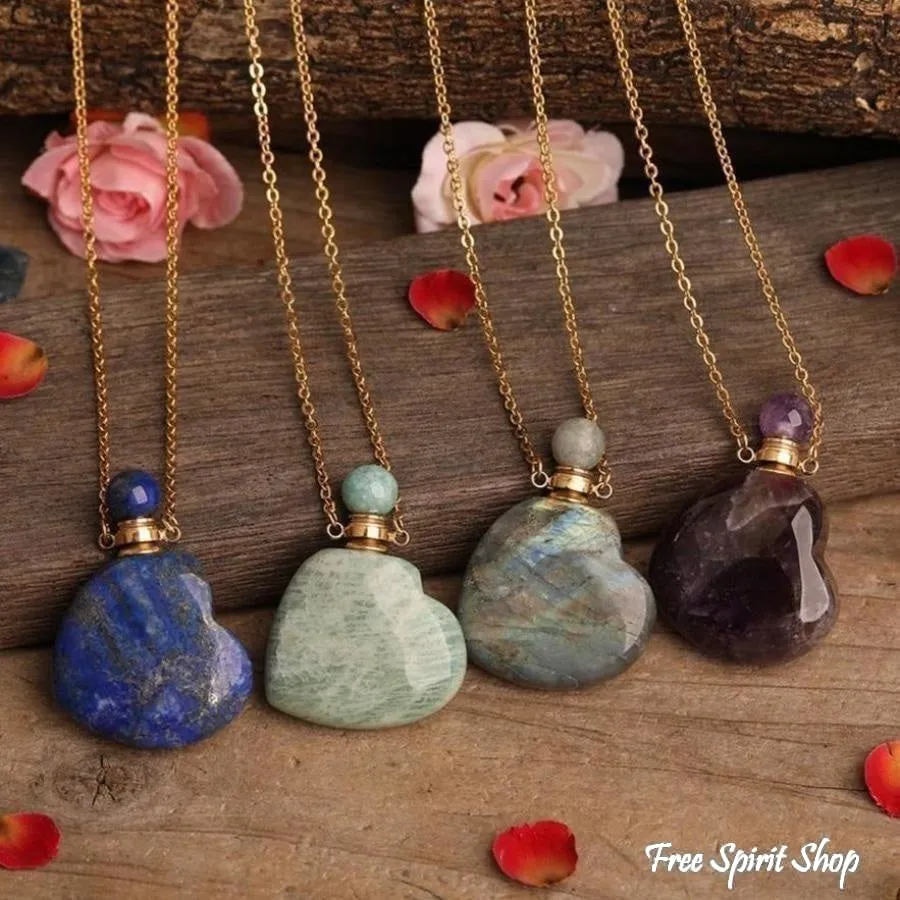 Natural Heart-Shaped Crystal Perfume Bottle Pendant Necklace