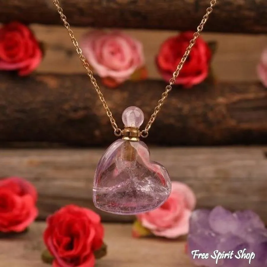 Natural Heart-Shaped Crystal Perfume Bottle Pendant Necklace