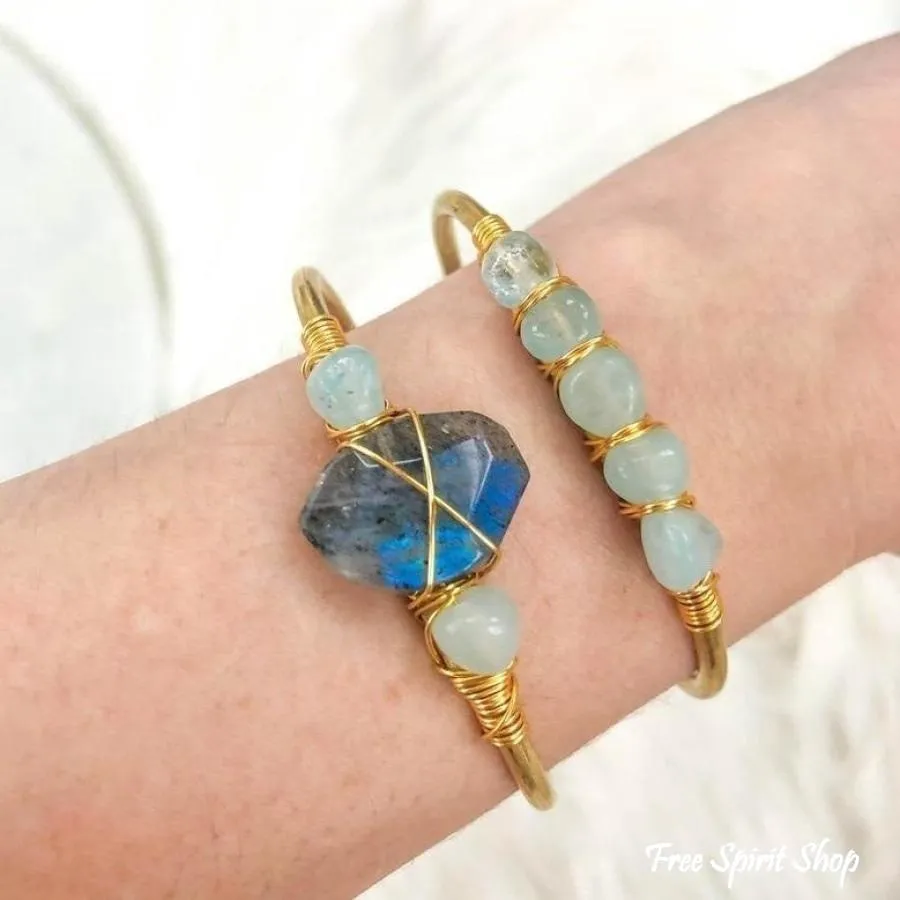 Natural Labradorite & Aquamarine Gold Cuff