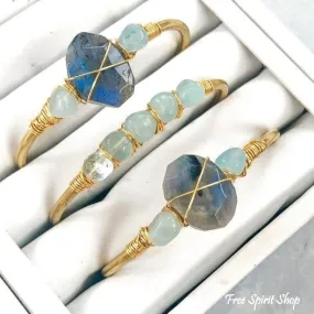 Natural Labradorite & Aquamarine Gold Cuff