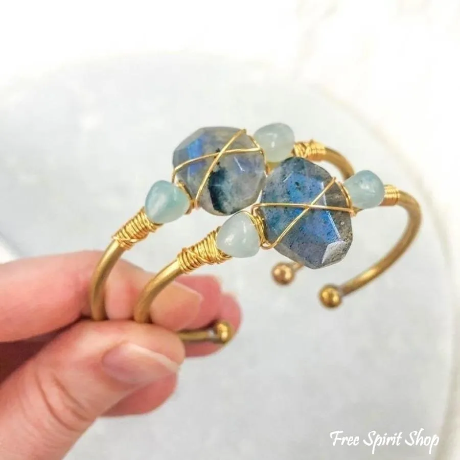 Natural Labradorite & Aquamarine Gold Cuff