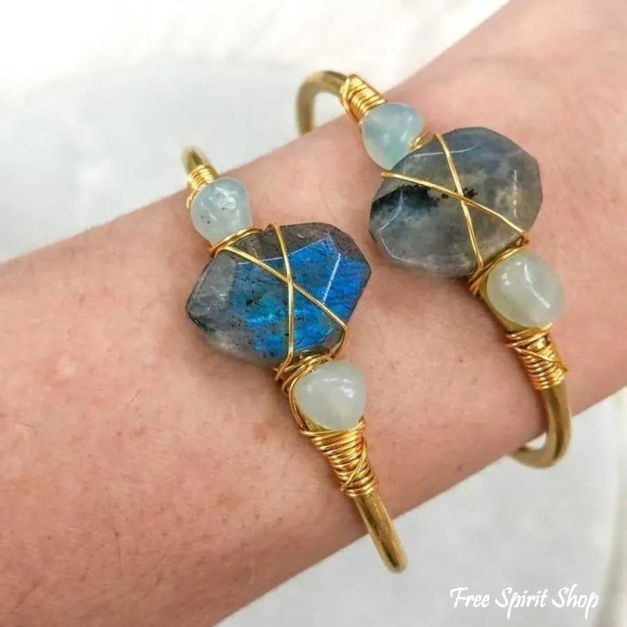 Natural Labradorite & Aquamarine Gold Cuff