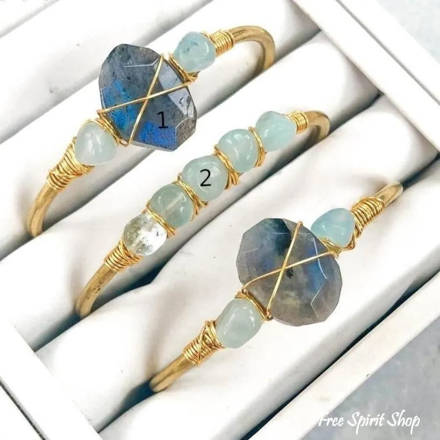 Natural Labradorite & Aquamarine Gold Cuff